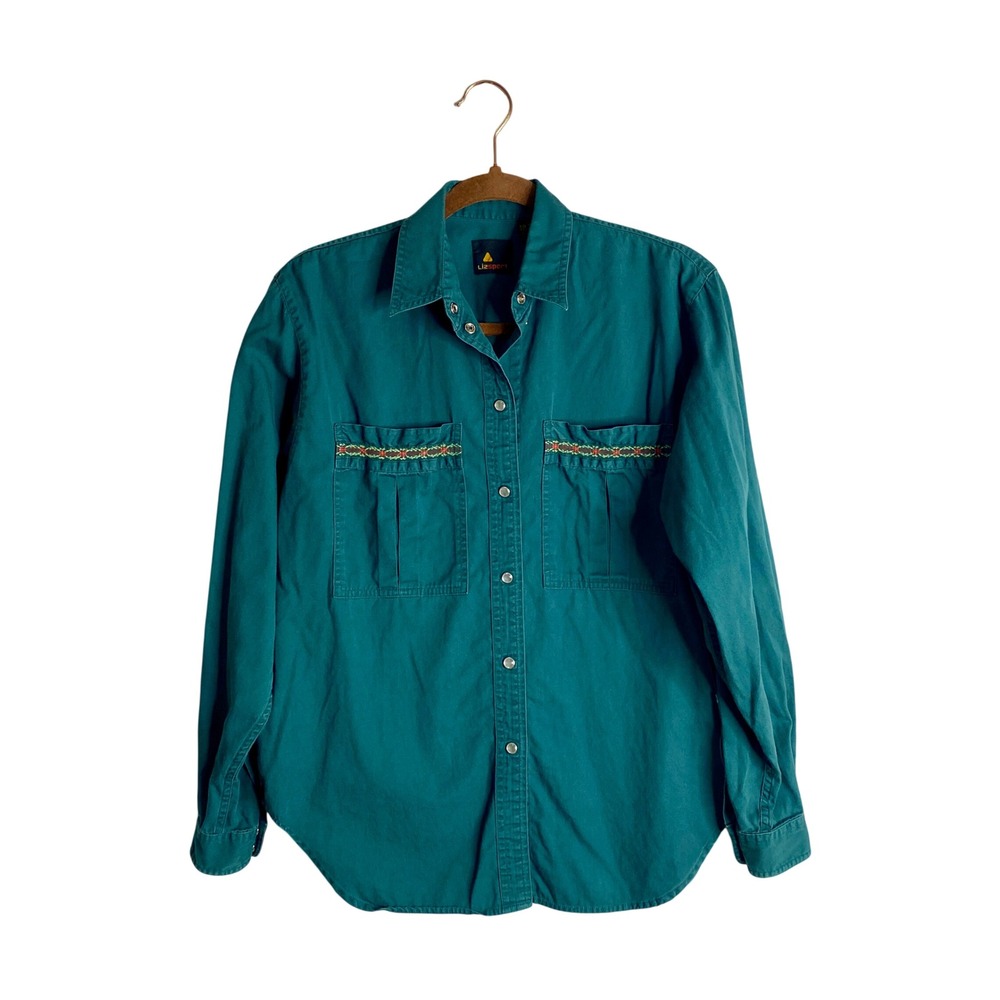 Vtg Lizsport Western Shirt Women S Green Pearl Snap Southwestern Embroidered 80s